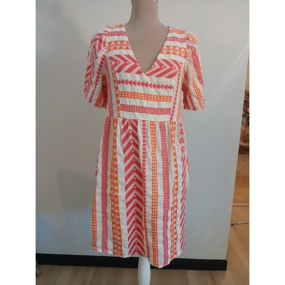 Old Navy Small Women Orange Pink Geometric V-Neck Puff Sleeve Pocket Dress Boho